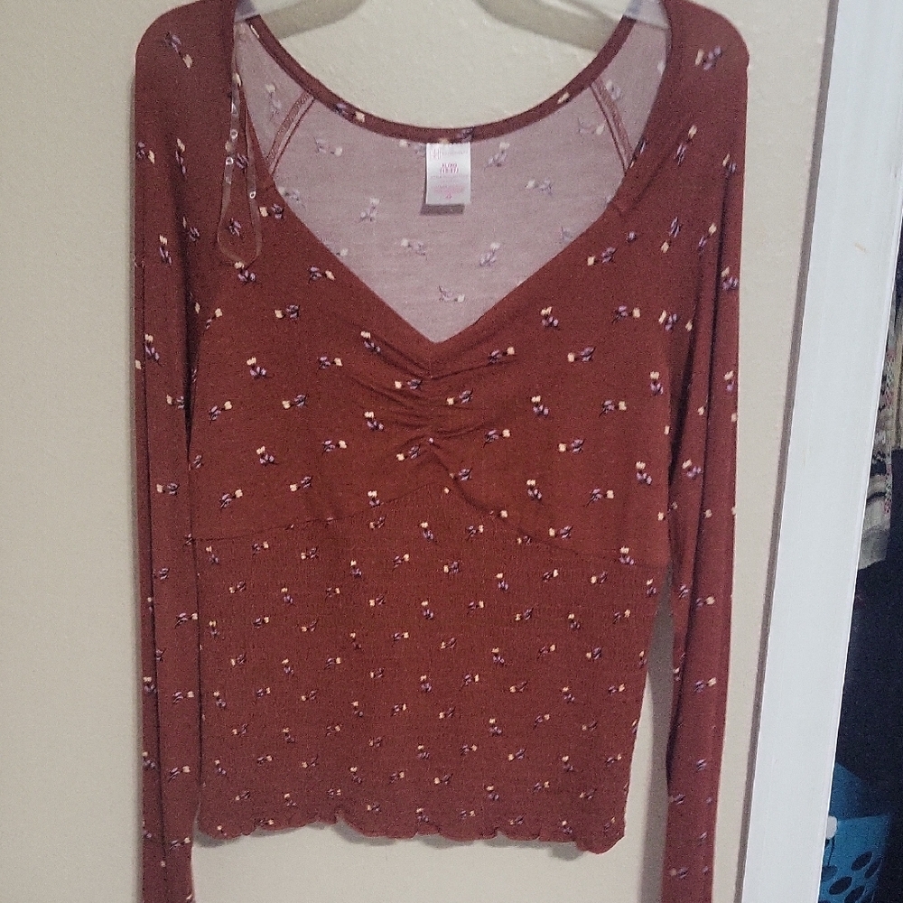 No Boundaries Red Long Sleeve Tie Front Blouse